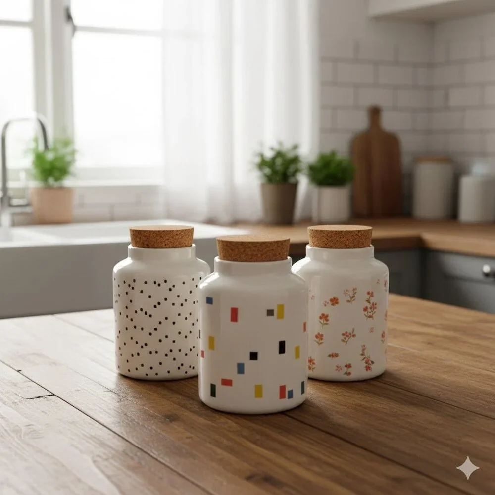 THE GRANITE Set 3  small container  jar  with topped cork PORCELAIN  MADE IN USA